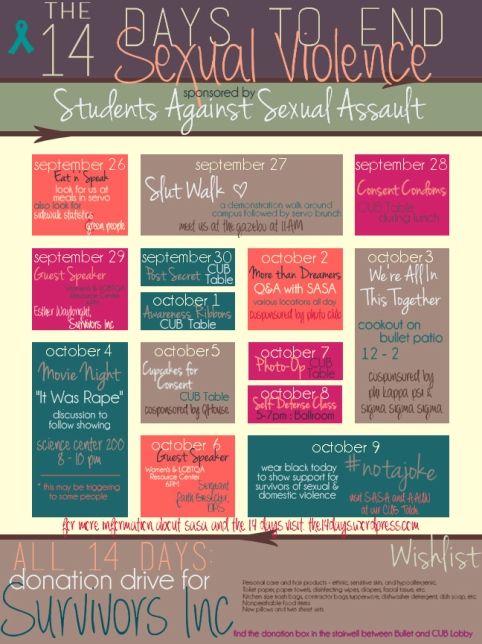 The schedule for the 14 Days to End Sexual Violence, 2015.